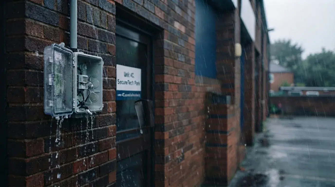 Weatherproof CCTV installation fitted by Auto Iris Installations on a commercial unit